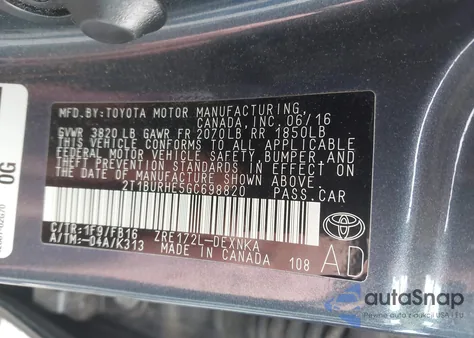 2016 Toyota Corolla Le z USA, uszkodzony, nr VIN 2T1BURHE5GC698820